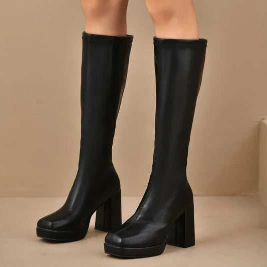 Women’s Over-the-Knee Boots – Chunky Heel – Platform Sole – Sleek Polished Fit