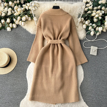 Women's loose knit coat with lapel collar