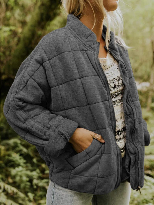 Women’s Quilted Jacket – Oversized Fit – Soft Padded Texture – Zipper Front – Hip Length