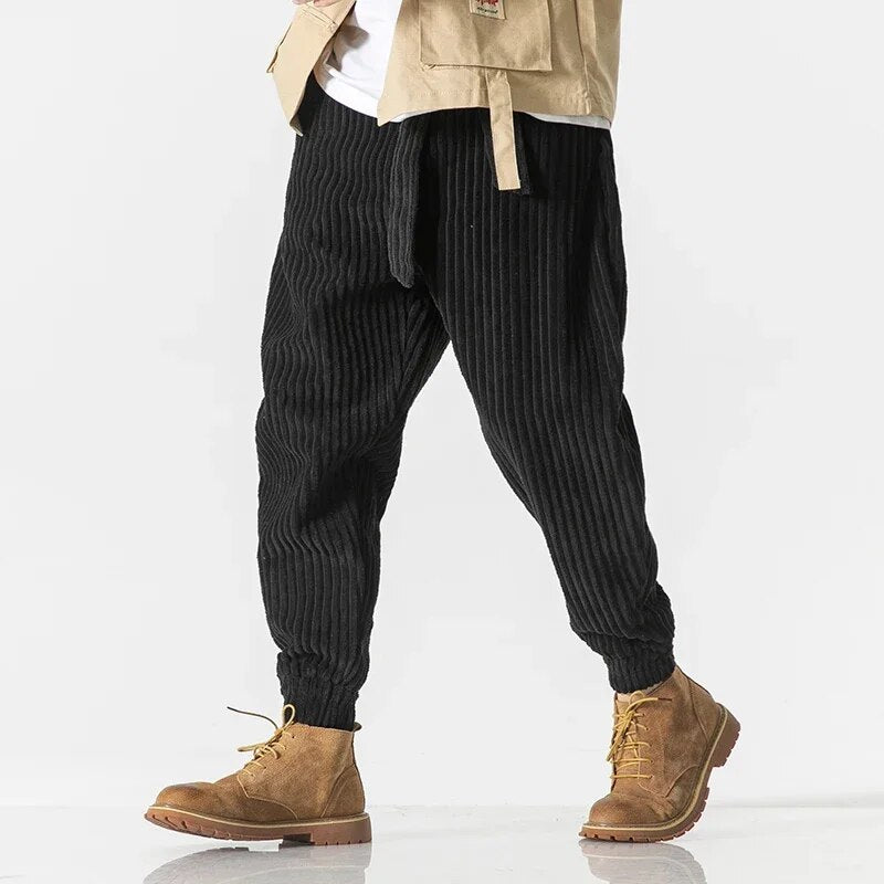 Men's casual loose ribbed harem corduroy pants with belt