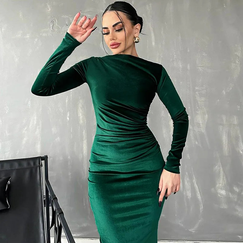 Women's Bodycon Dress - Long Sleeve Stretch Fit - Midi Length Ruched Elegant Wear