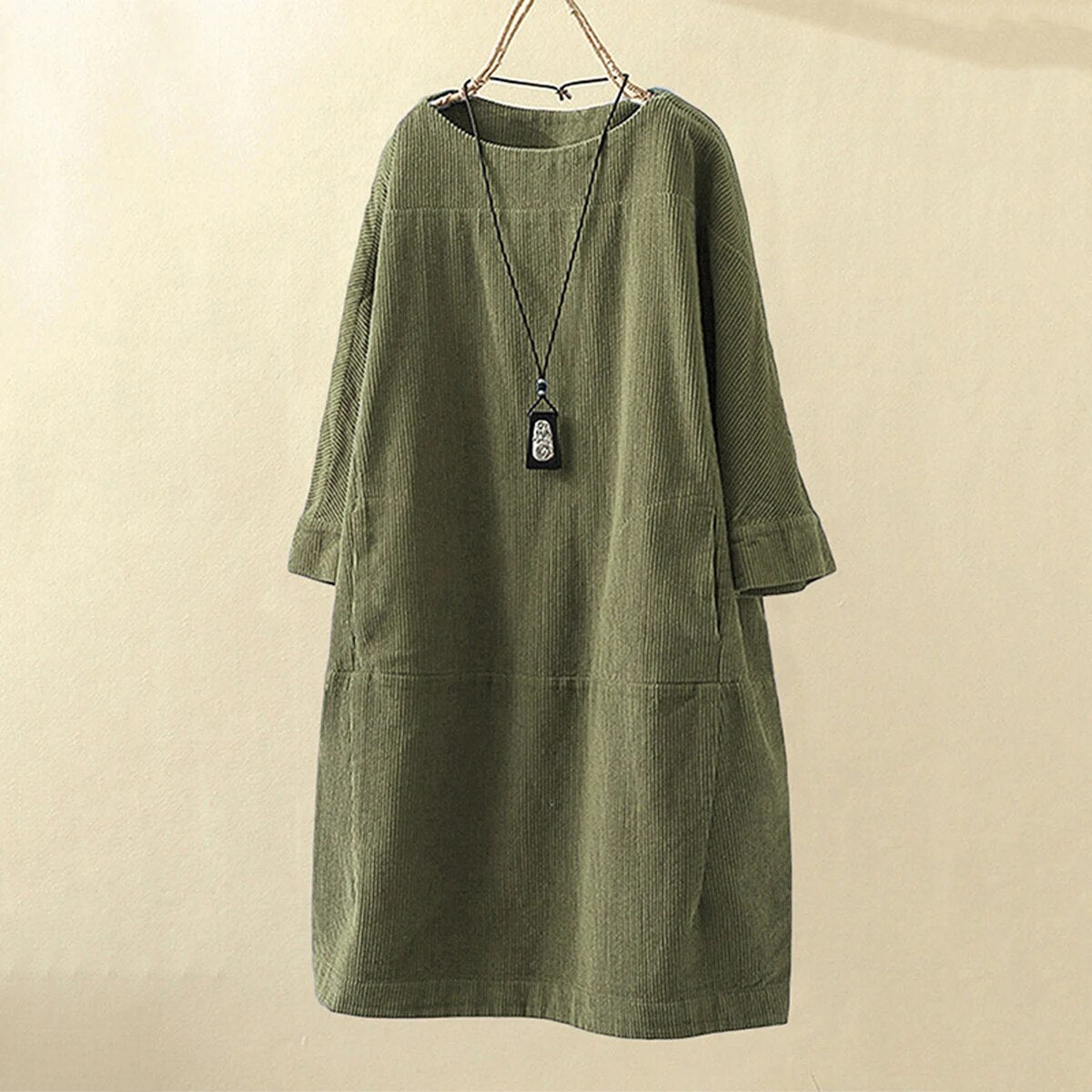 Women's Corduroy Dress - Relaxed Fit - Knee-Length - 3/4 Sleeve Minimalist Style