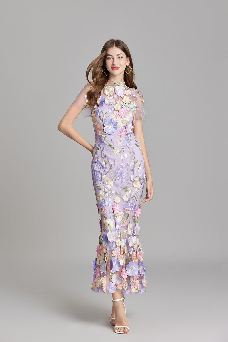 Women’s Maxi Dress – Fitted Silhouette – Sheer Mesh – Floral Embroidered Detail