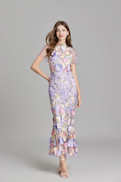 Women’s Maxi Dress – Fitted Silhouette – Sheer Mesh – Floral Embroidered Detail