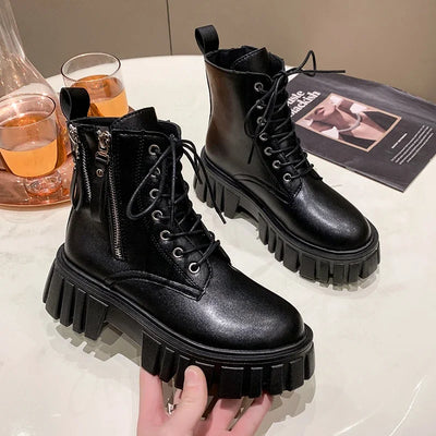 Women's Chunky Combat Boots - Lace-Up - Platform Sole - Side Zip - Edgy Street Style