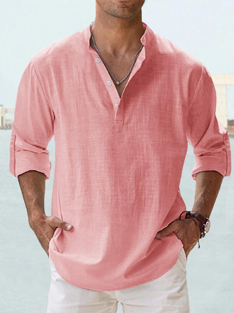 Casual men's shirt with stand-up collar and button closure