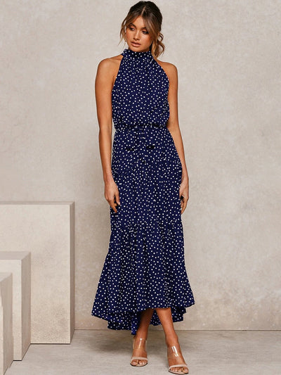 Women's Halter Midi Dress - Polka Dot Print - Fit-and-Flare - Waist Tie - Flowy