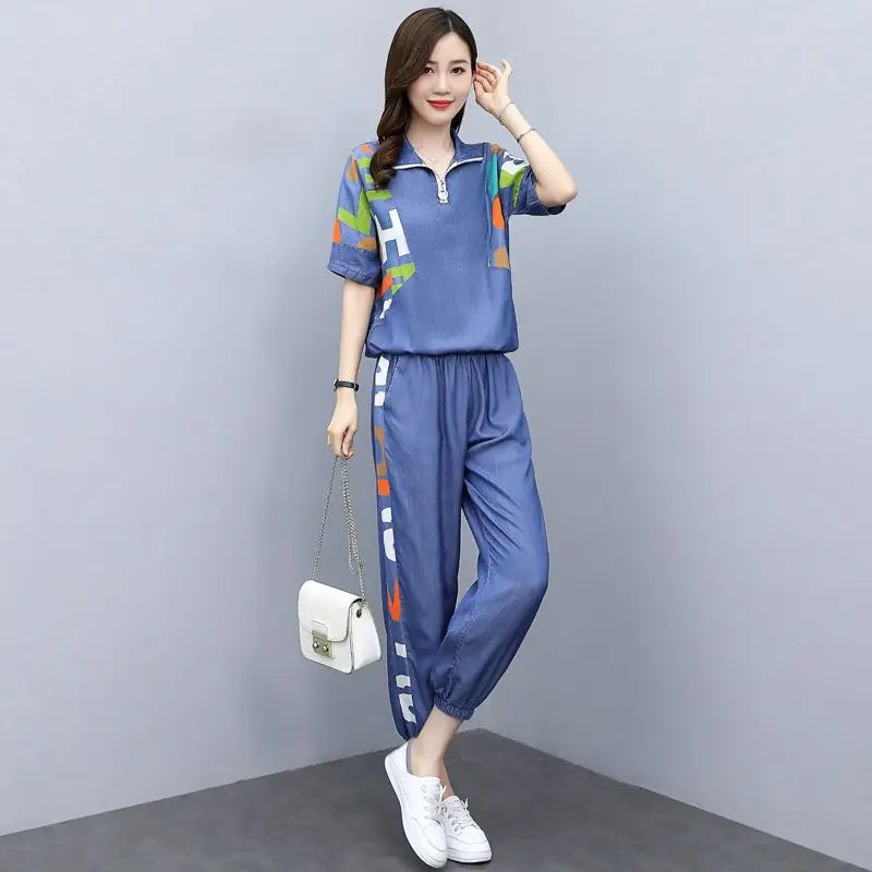 Women's Casual Two-Piece Set with Crop Top and Pants for Spring/Summer