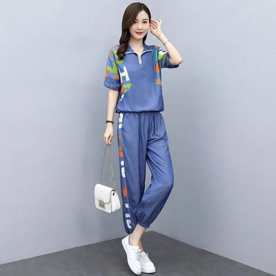 Women's Casual Two-Piece Set with Crop Top and Pants for Spring/Summer