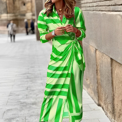 Women's Wrap Dress - Striped Pattern - Long Sleeve - V-Neck Adjustable Fit