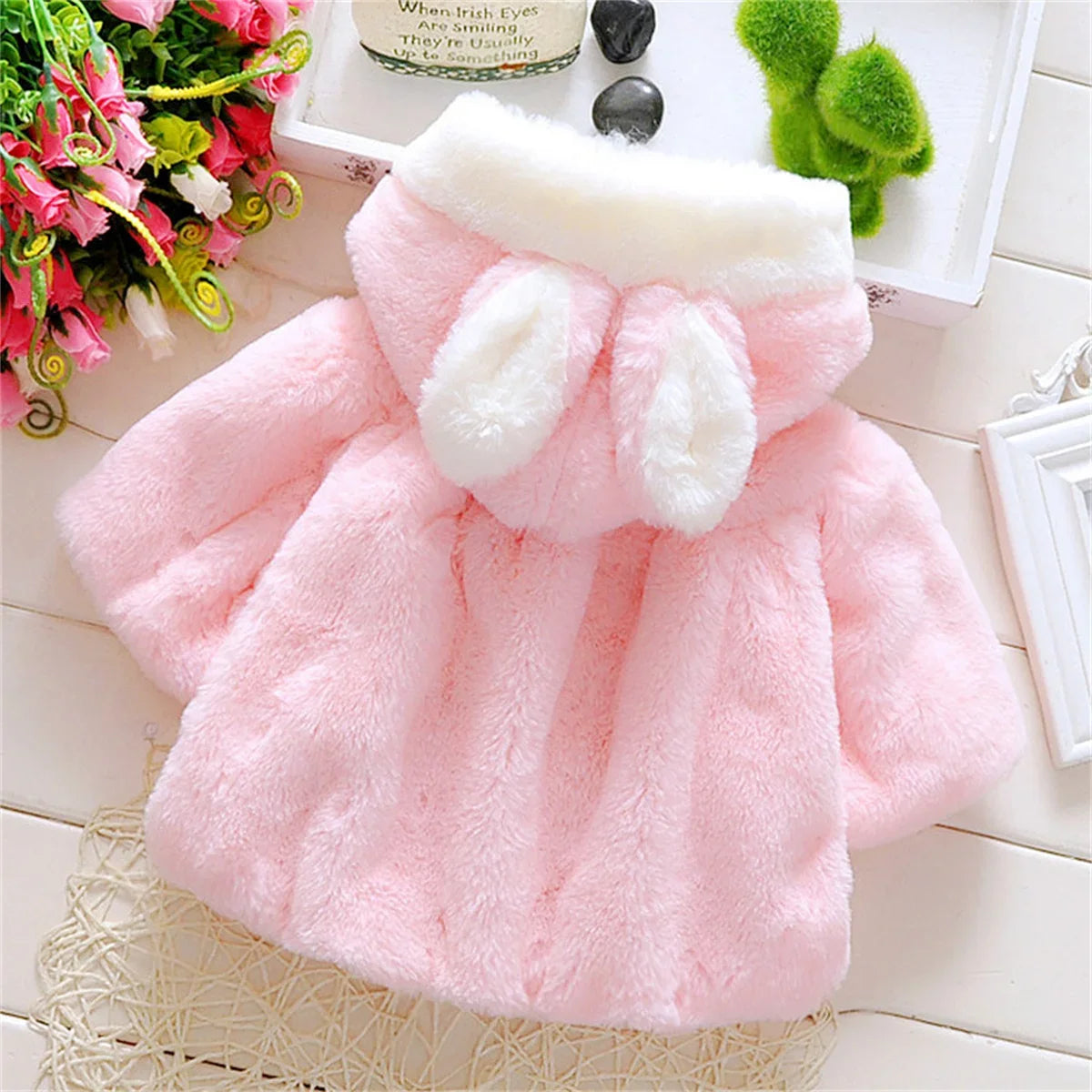 Baby girl wool hooded rabbit ears winter coat