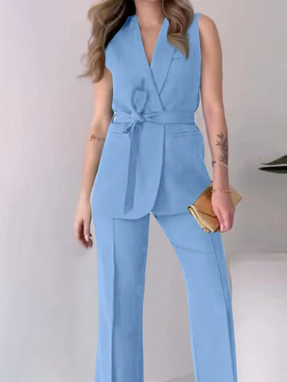 Women's Sleeveless Blazer Suit - Tailored Fit - V-Neck - High-Waisted Trousers - Belted Waist