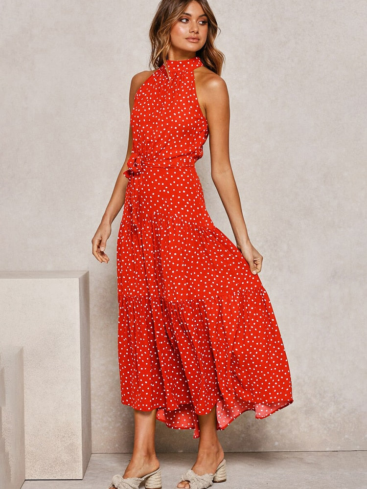 Women's Halter Midi Dress - Polka Dot Print - Fit-and-Flare - Waist Tie - Flowy