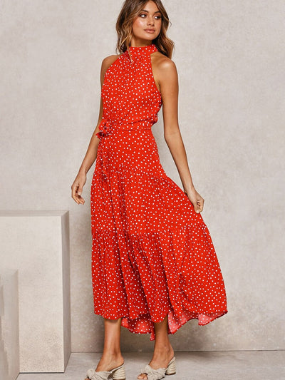 Women's Halter Midi Dress - Polka Dot Print - Fit-and-Flare - Waist Tie - Flowy