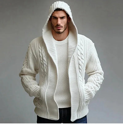 Men’s Hooded Cardigan – Relaxed Fit – Wool Knit – Cable Pattern Open Front