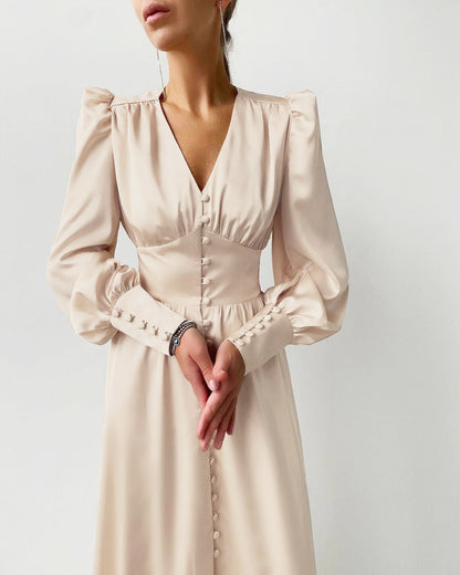 Women's Midi Dress - Satin Finish - V-Neck - Puff Sleeve - Button Front Elegant Fit