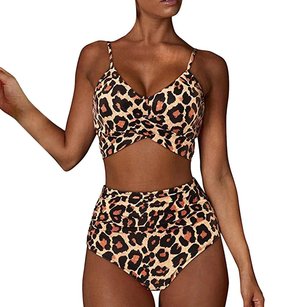 Women’s Bikini Set – Slim Fit Cross Front Top – High Waisted Ruched Floral Bottoms