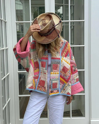 Women’s Quilted Jacket – Oversized Fit – Patchwork Design – Open Front Layering