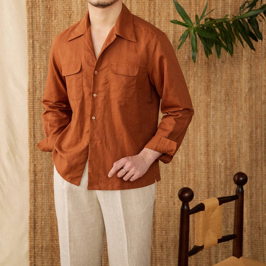 Men’s Linen Shirt – Relaxed Fit – Button-Up – Long Sleeve – Two Chest Pockets
