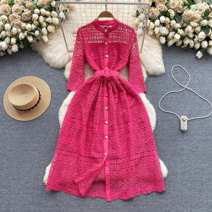 Women's Lace Shirt Dress - Button Up - Three-Quarter Sleeve - Belted Waist - Scalloped Hem