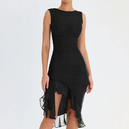 Women's Bodycon Midi Dress - Sleeveless High Neck - Asymmetrical Ruffle Hem