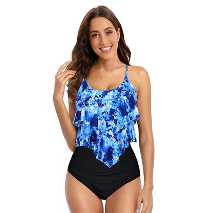 Women’s Bikini Set – Ruffled Top – Ruched High Rise Bottom – Modest Full Coverage