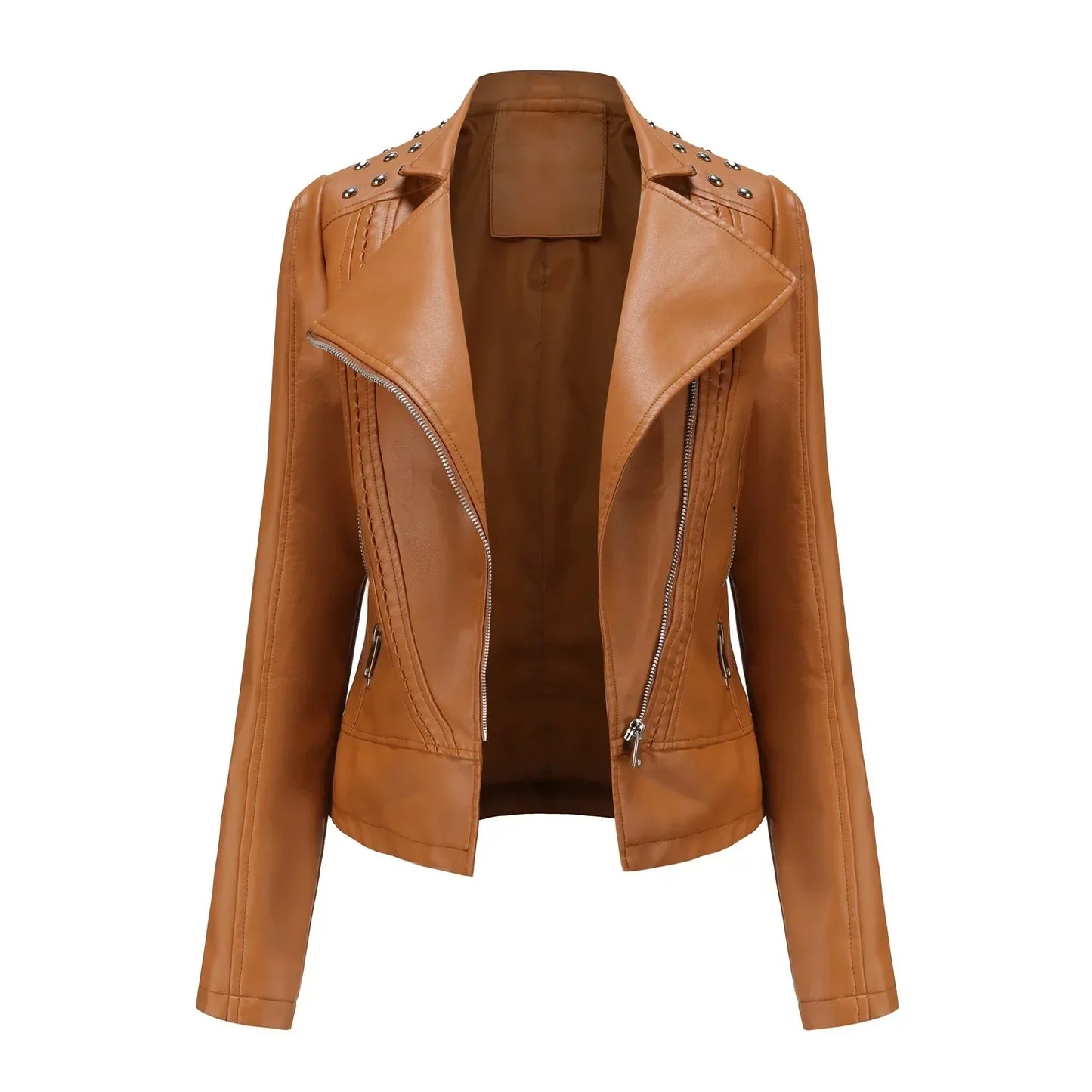 Women’s Tailored Jacket – Structured Fit – Cropped Waist – Studded Shoulders – Zip Closure