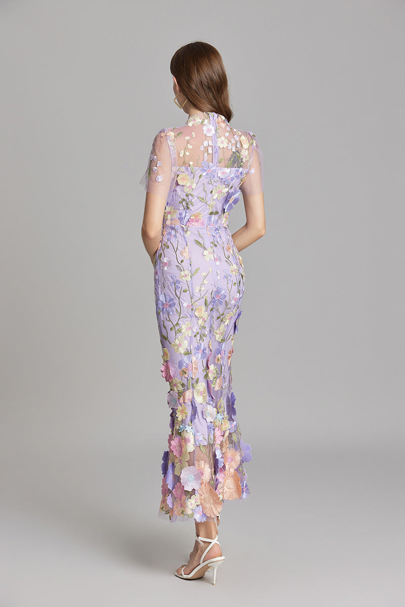 Women’s Maxi Dress – Fitted Silhouette – Sheer Mesh – Floral Embroidered Detail