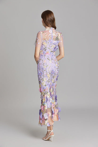 Women’s Maxi Dress – Fitted Silhouette – Sheer Mesh – Floral Embroidered Detail
