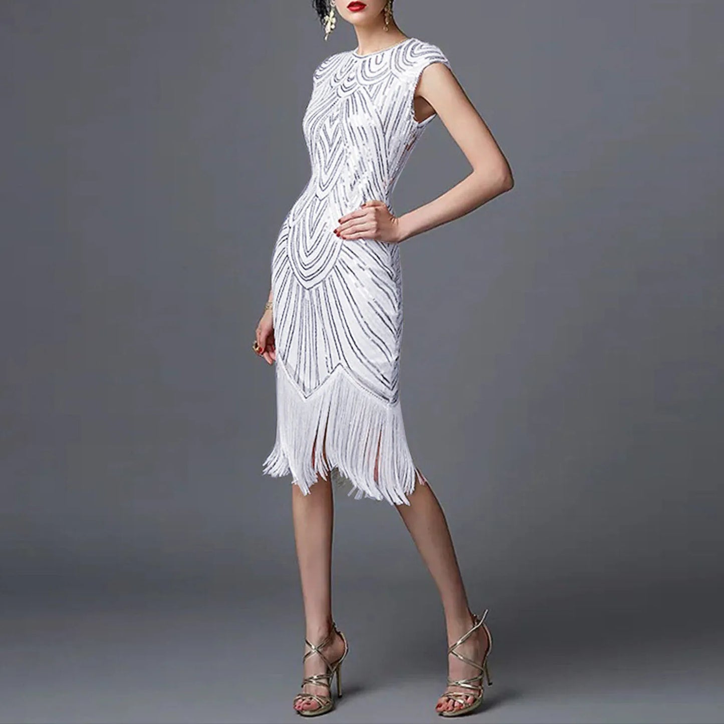 Women's Flapper Dress - 1920s Vintage Style - Beaded Fringe - Sleeveless Elegant Party Wear