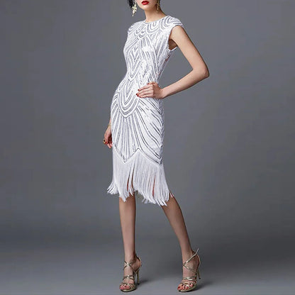 Women's Flapper Dress - 1920s Vintage Style - Beaded Fringe - Sleeveless Elegant Party Wear