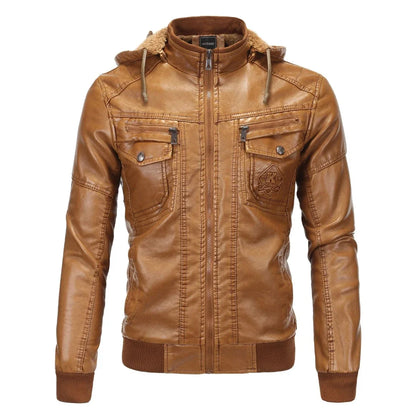 Men's pu leather jacket with a hood