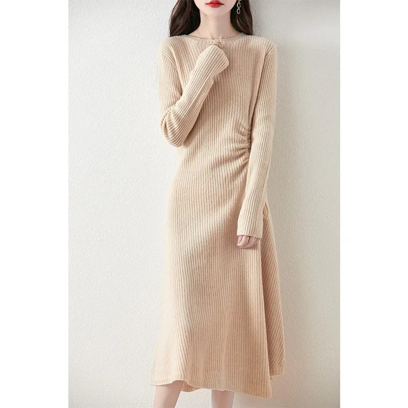 Women's Ribbed Knit Midi Dress - Long Sleeve - Gathered Side - Flared Hem