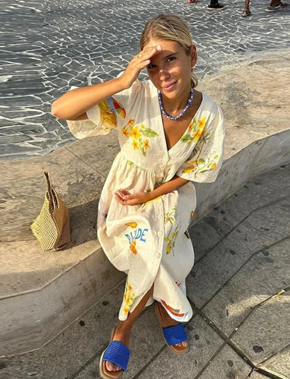 Women's Midi Dress - Relaxed Fit - V-Neck - Long Sleeve Boho Printed Casual Wear