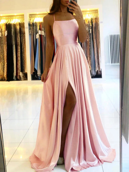 Women's Evening Prom Gown - Floor-Length Satin - Spaghetti Straps - Square Neck - High Slit