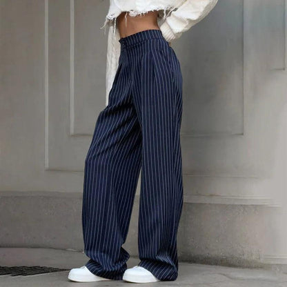 Women's Pinstripe Trousers - High-Waisted Wide Leg - Flattering Fit - Classic Formal Wear