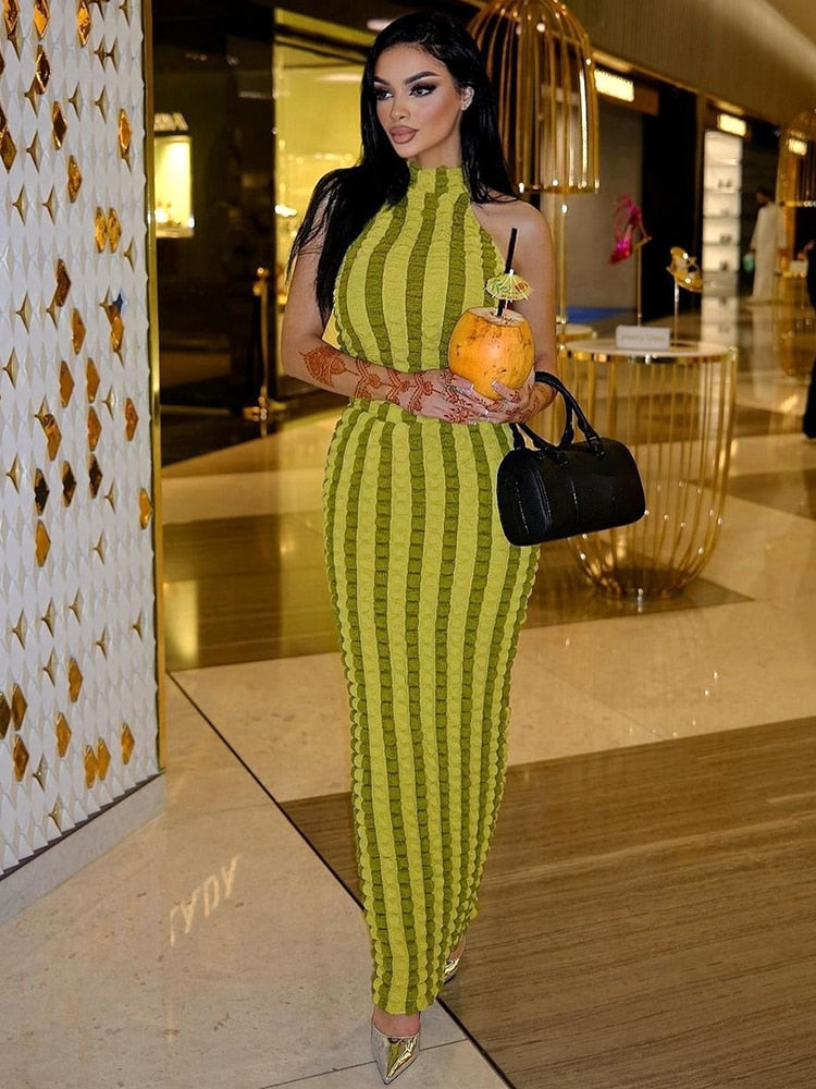 Women's Bodycon Dress - Ribbed Knit - Halter Neck - Vertical Stripe Pattern