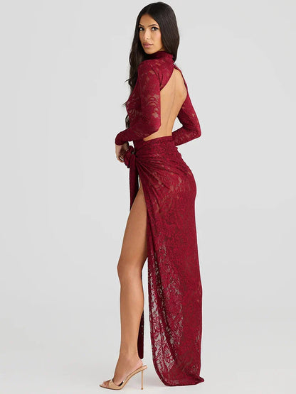 Women’s Slip Dress – Lace Bodycon Fit – Long Sleeve – High Neck – Thigh Slit – Rosette Detail