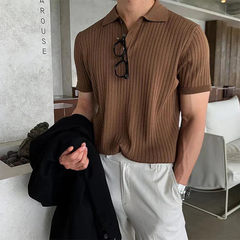 Men’s Polo Shirt – Slim Fit – Ribbed Soft Knit – Short Sleeve Smart Casual Wear