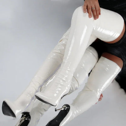 Women’s Over-the-Knee Boots – Glossy Patent Look – Pointed Toe – Stiletto Heel – Sleek Fit
