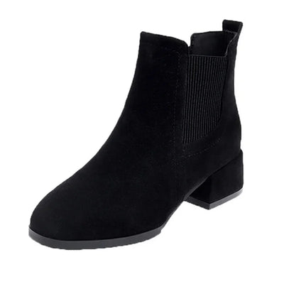 Women’s Ankle Boots – Suede-Like Finish – Square Heel – Slip-On Stretch Panel