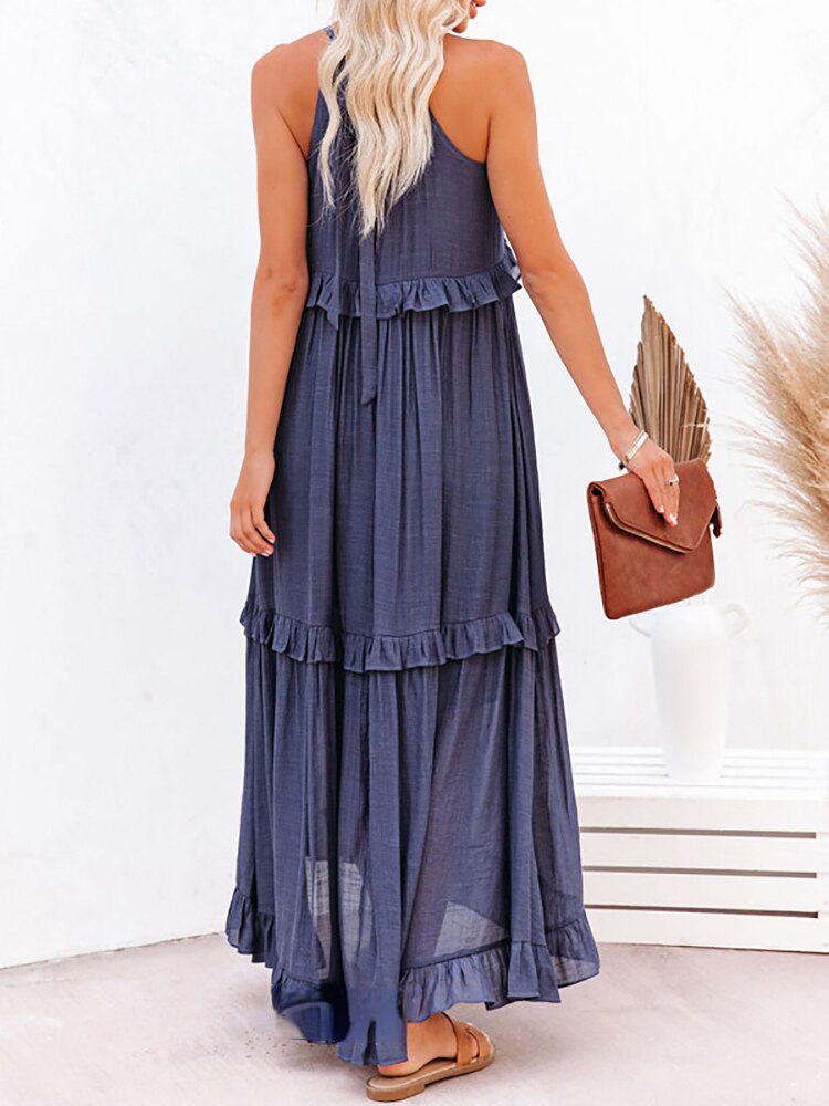 Women's Maxi Dress - Sleeveless High-Low Hem - Ruffled Layers - Flowy & Breathable