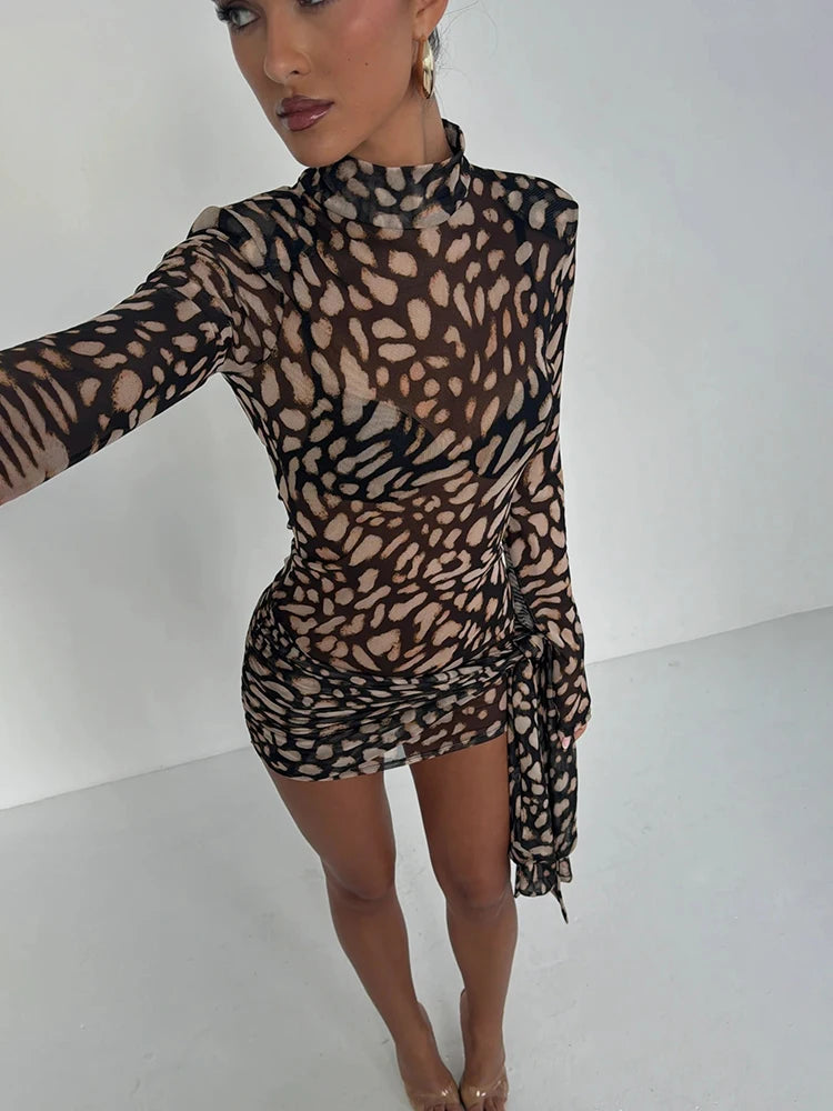 Women's Mini Dress - Animal Print - Turtleneck Long Sleeve - Fitted Draped Hem