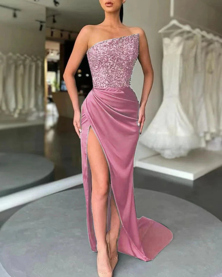 Women's Evening Prom Dress - Strapless Sequined Bodice - High Slit Flowing Design