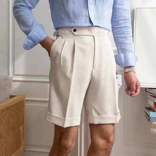 Men’s Tailored Shorts – 100% Cotton – Pleated Front – Cuffed Hem – Knee Length