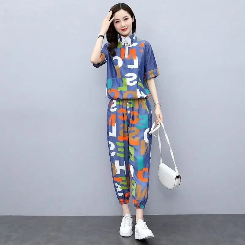 Women's Casual Two-Piece Set with Crop Top and Pants for Spring/Summer
