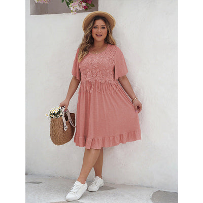 Women's A-Line Dress - Lace Embroidery - Short Flutter Sleeve - Ruffle Hem Casual Wear