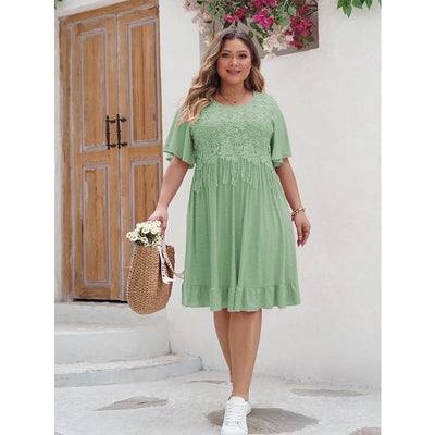 Women's A-Line Dress - Lace Embroidery - Short Flutter Sleeve - Ruffle Hem Casual Wear