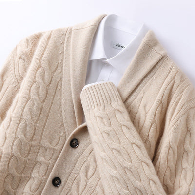 Men’s Cardigan – Wool Knit – Regular Fit – Cable Pattern – Button Front – Ribbed Trim