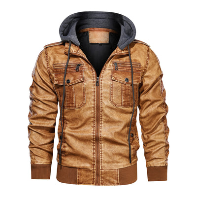 Men’s Faux Leather Jacket - Zip-Up with Hood - Ribbed Cuffs - Chest Pocket Detail